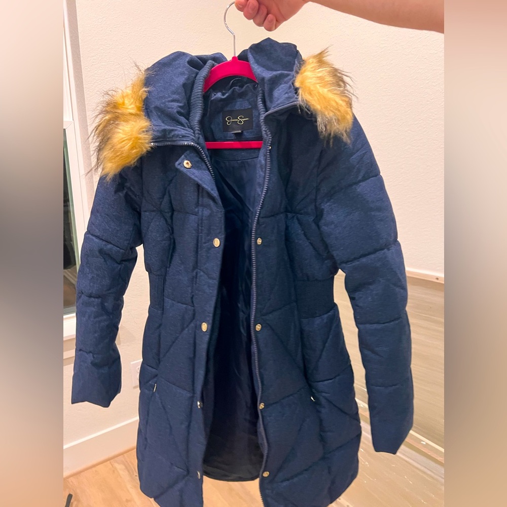 Navy Blue Fur-Trimmed Women's Coat